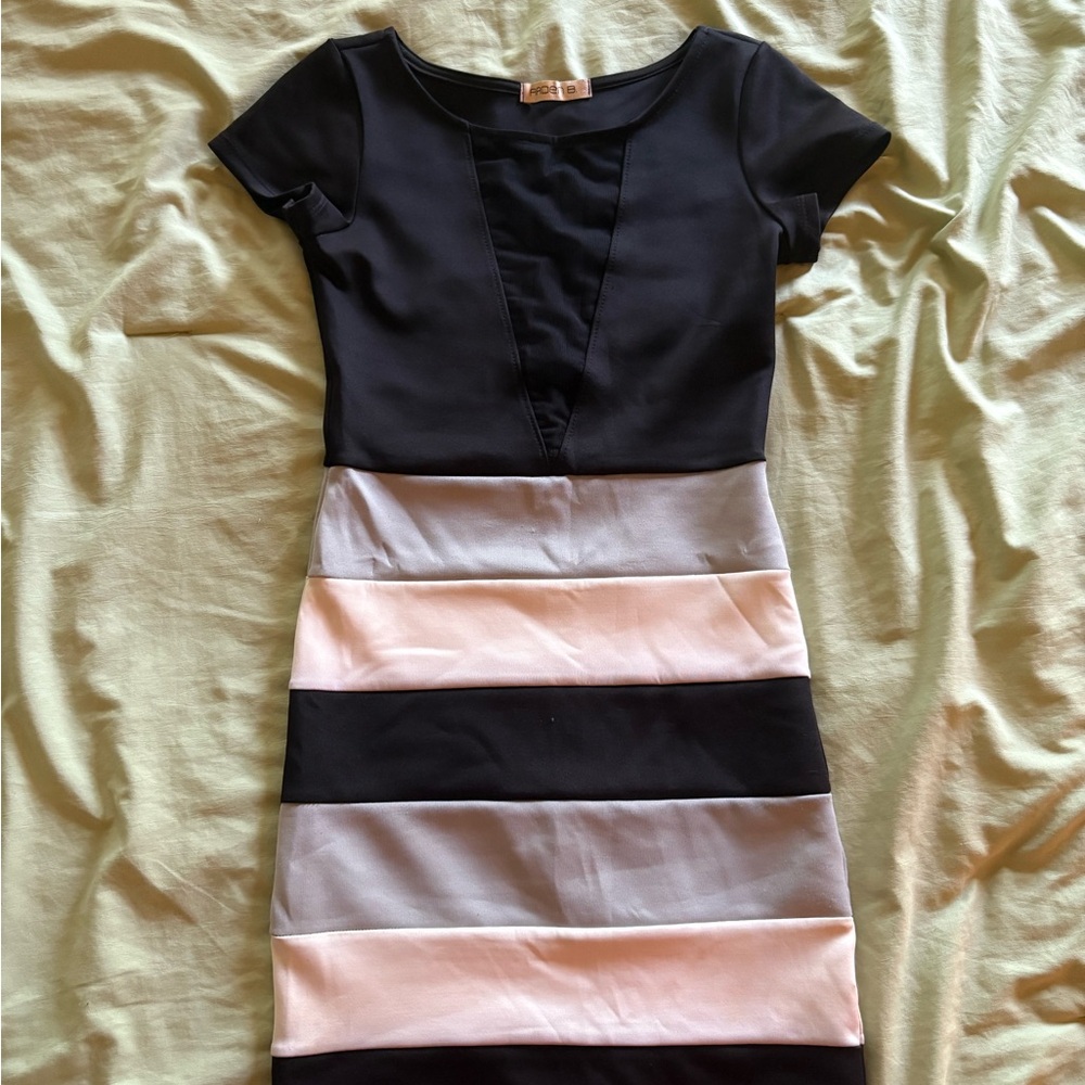 Elegant Black, Gray and White Striped Dress with Mesh Cut out